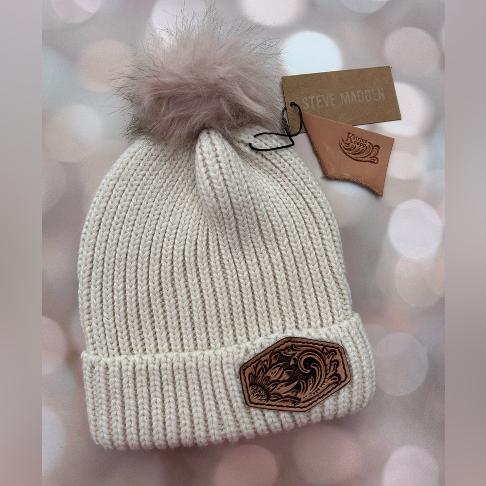 Steve Madden Knit Toboggan with Hand-Tooled Leather Sunflower Patch